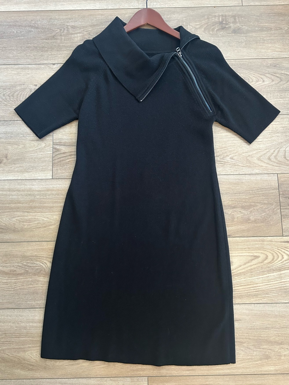 Calvin Klein Black Knit Sweater Dress Asymmetrical Zip Neck Large